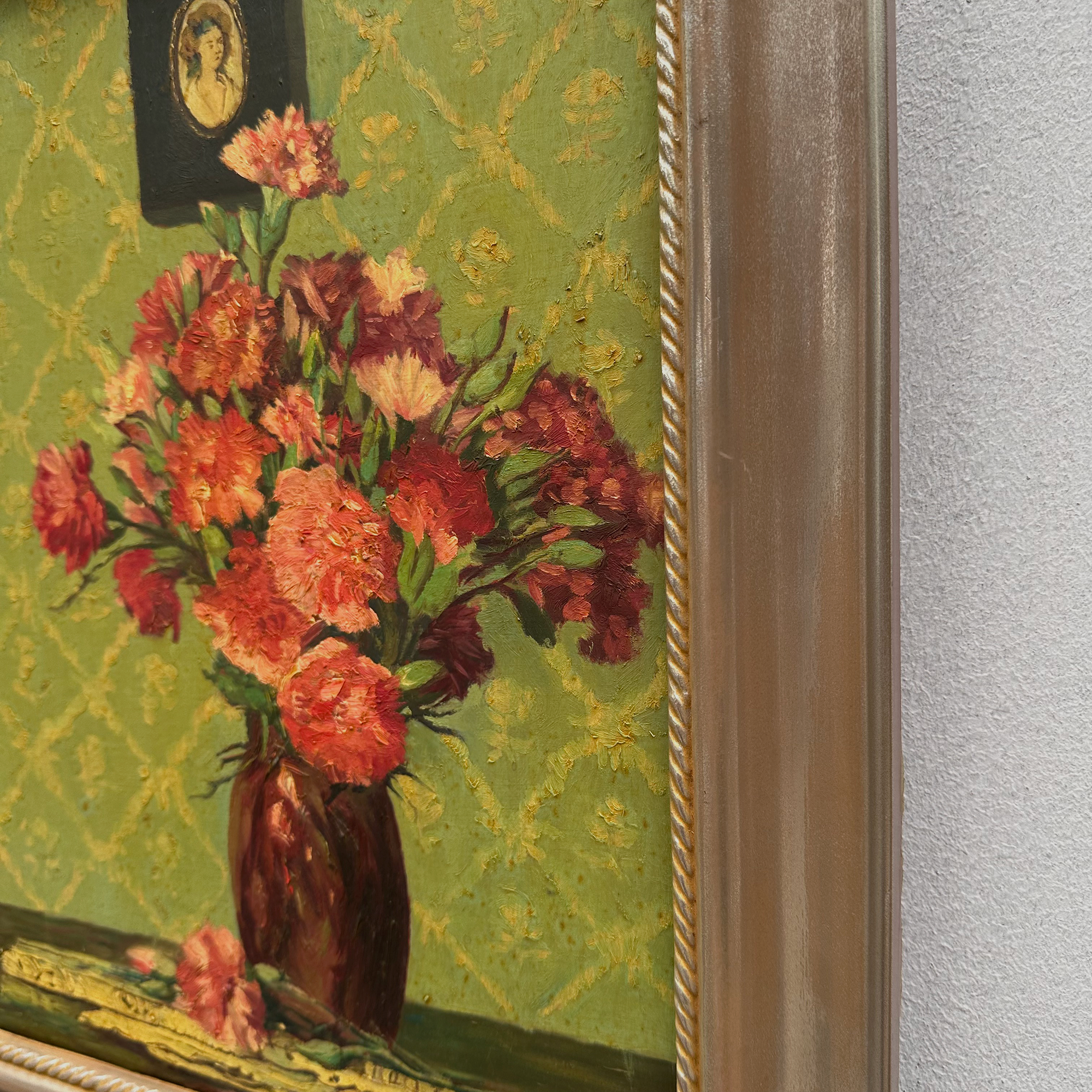 Original Hand-Painted French Vintage Carnation Still Life Oil Painting, 40x49cm