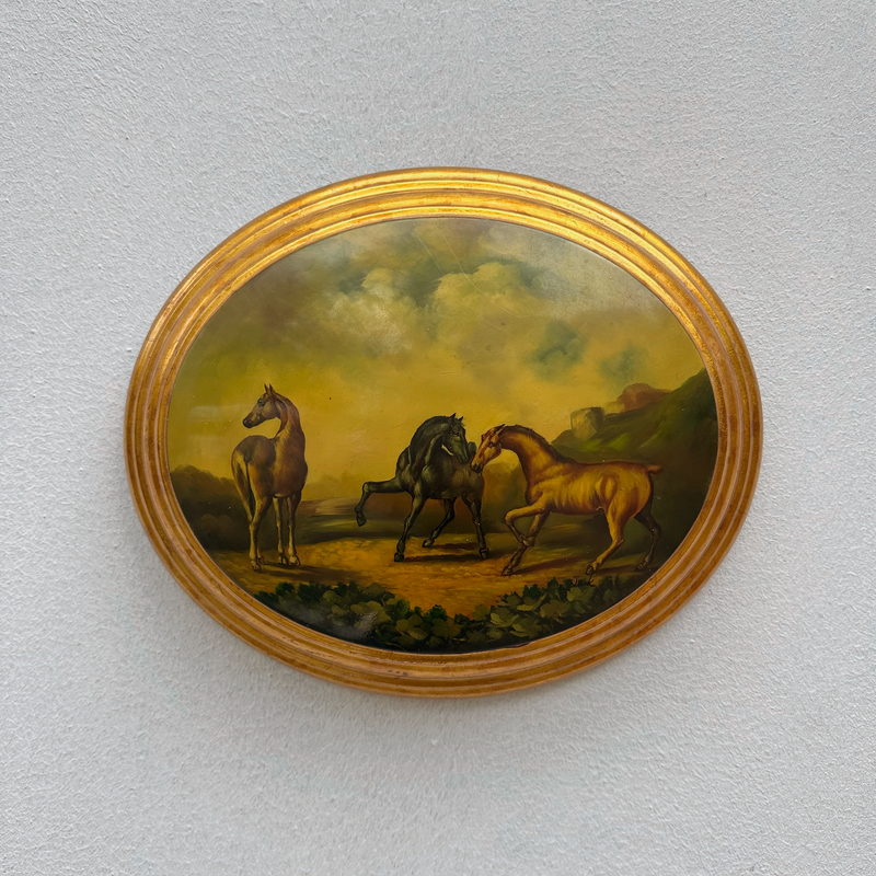 Vintage 1940s European Equestrian Oil Painting – Three Galloping Horses on Raised Wood Panel with Integrated Oval Frame