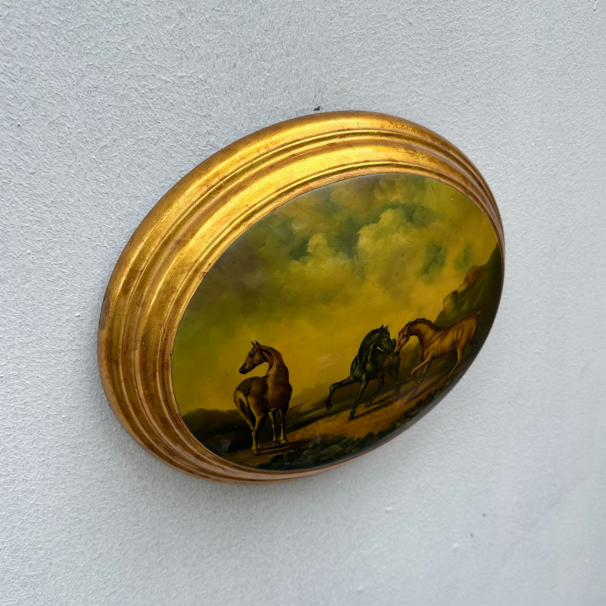 Vintage 1940s European Equestrian Oil Painting – Three Galloping Horses on Raised Wood Panel with Integrated Oval Frame
