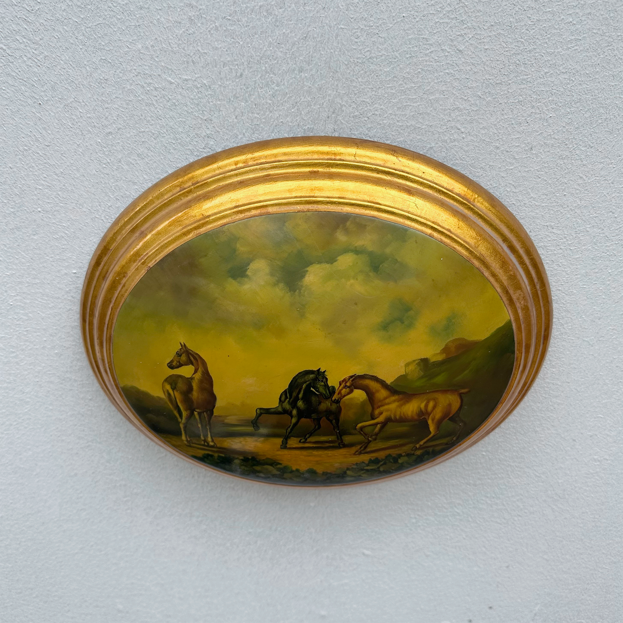 Vintage 1940s European Equestrian Oil Painting – Three Galloping Horses on Raised Wood Panel with Integrated Oval Frame