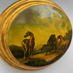Vintage 1940s European Equestrian Oil Painting – Three Galloping Horses on Raised Wood Panel with Integrated Oval Frame