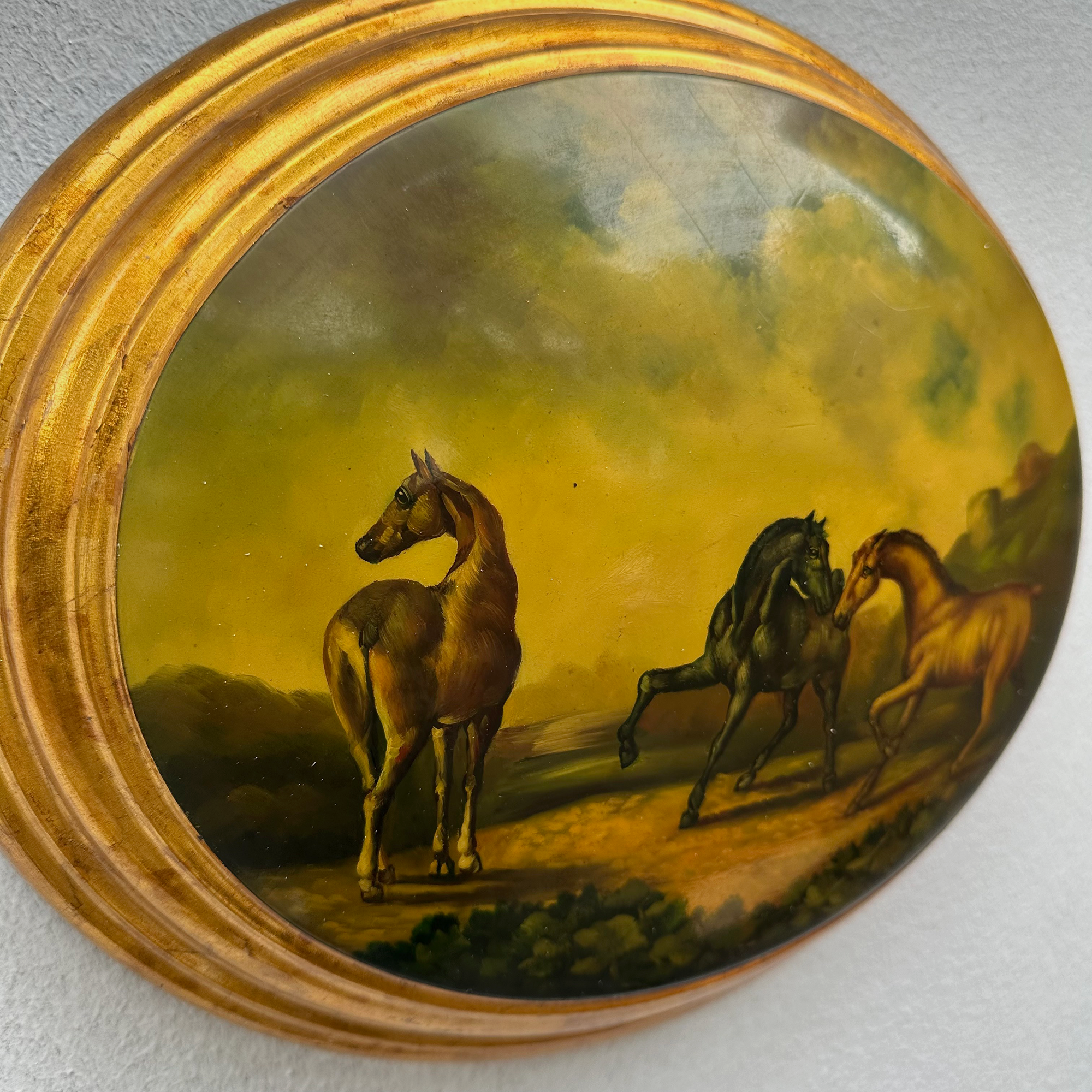 Vintage 1940s European Equestrian Oil Painting – Three Galloping Horses on Raised Wood Panel with Integrated Oval Frame