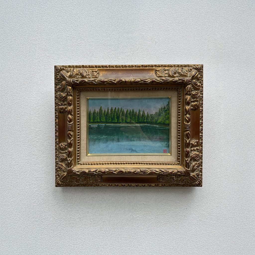 Original Hand-Painted Vintage Lakeside Landscape Oil Painting, Carved Solid Wood Frame, One of a Kind (Comes with Glass Cover)