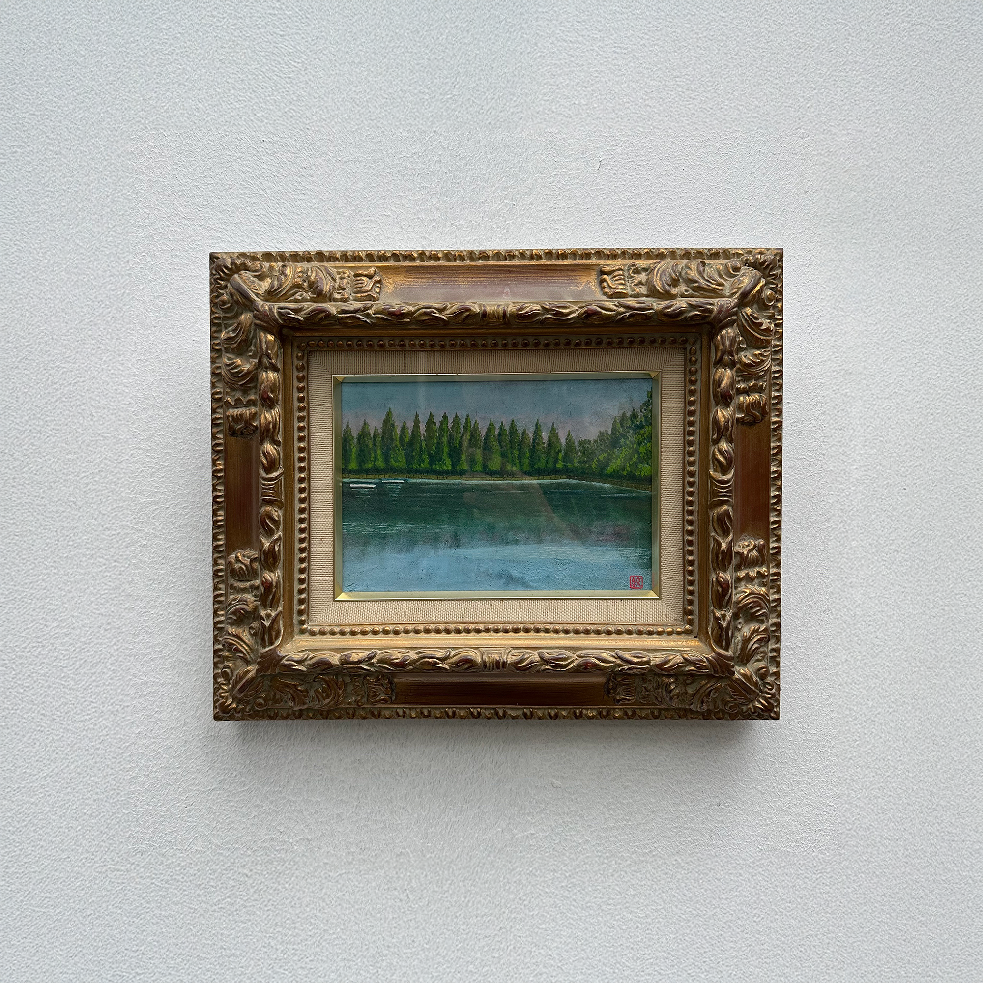 Original Hand-Painted Vintage Lakeside Landscape Oil Painting, Carved Solid Wood Frame, One of a Kind (Comes with Glass Cover)