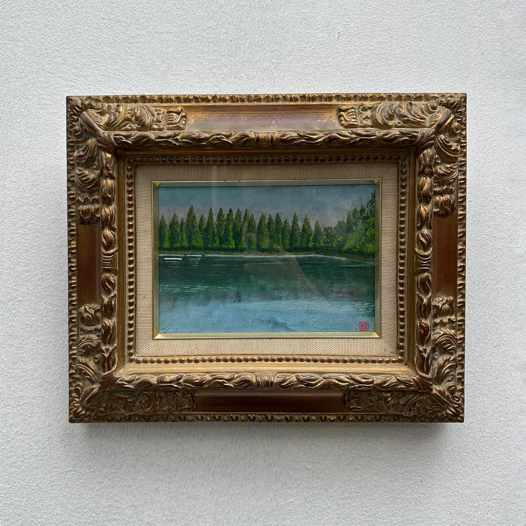 Original Hand-Painted Vintage Lakeside Landscape Oil Painting, Carved Solid Wood Frame, One of a Kind (Comes with Glass Cover)