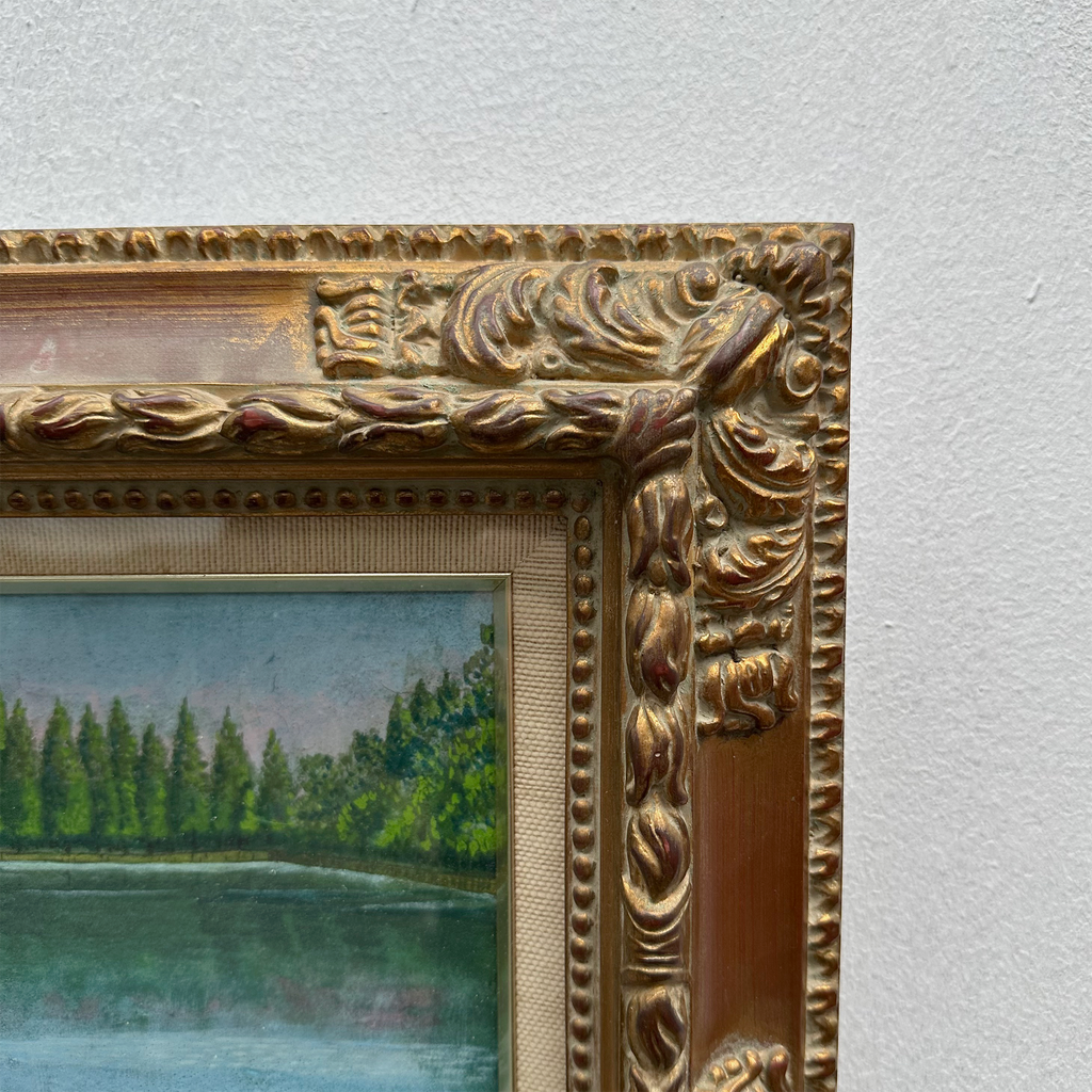 Original Hand-Painted Vintage Lakeside Landscape Oil Painting, Carved Solid Wood Frame, One of a Kind (Comes with Glass Cover)