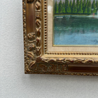 Original Hand-Painted Vintage Lakeside Landscape Oil Painting, Carved Solid Wood Frame, One of a Kind (Comes with Glass Cover)