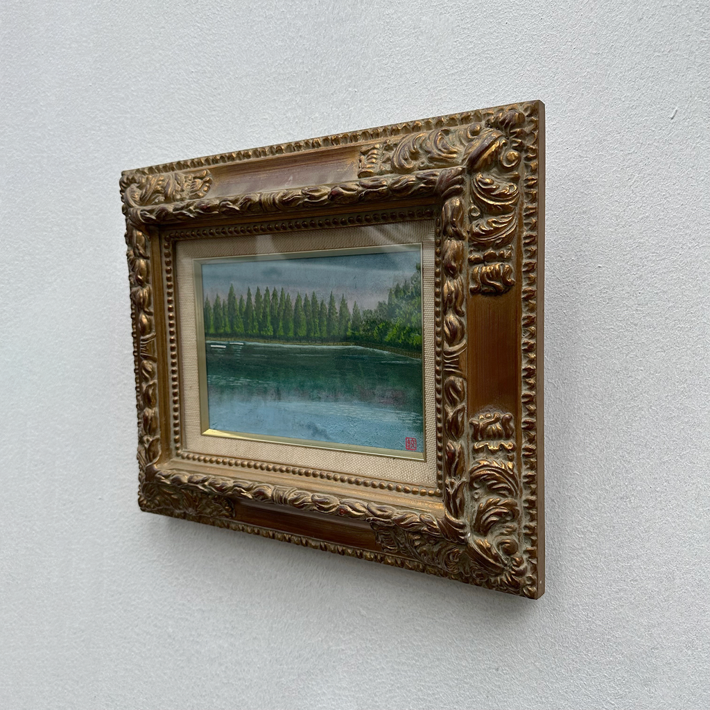 Original Hand-Painted Vintage Lakeside Landscape Oil Painting, Carved Solid Wood Frame, One of a Kind (Comes with Glass Cover)