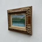 Original Hand-Painted Vintage Lakeside Landscape Oil Painting, Carved Solid Wood Frame, One of a Kind (Comes with Glass Cover)