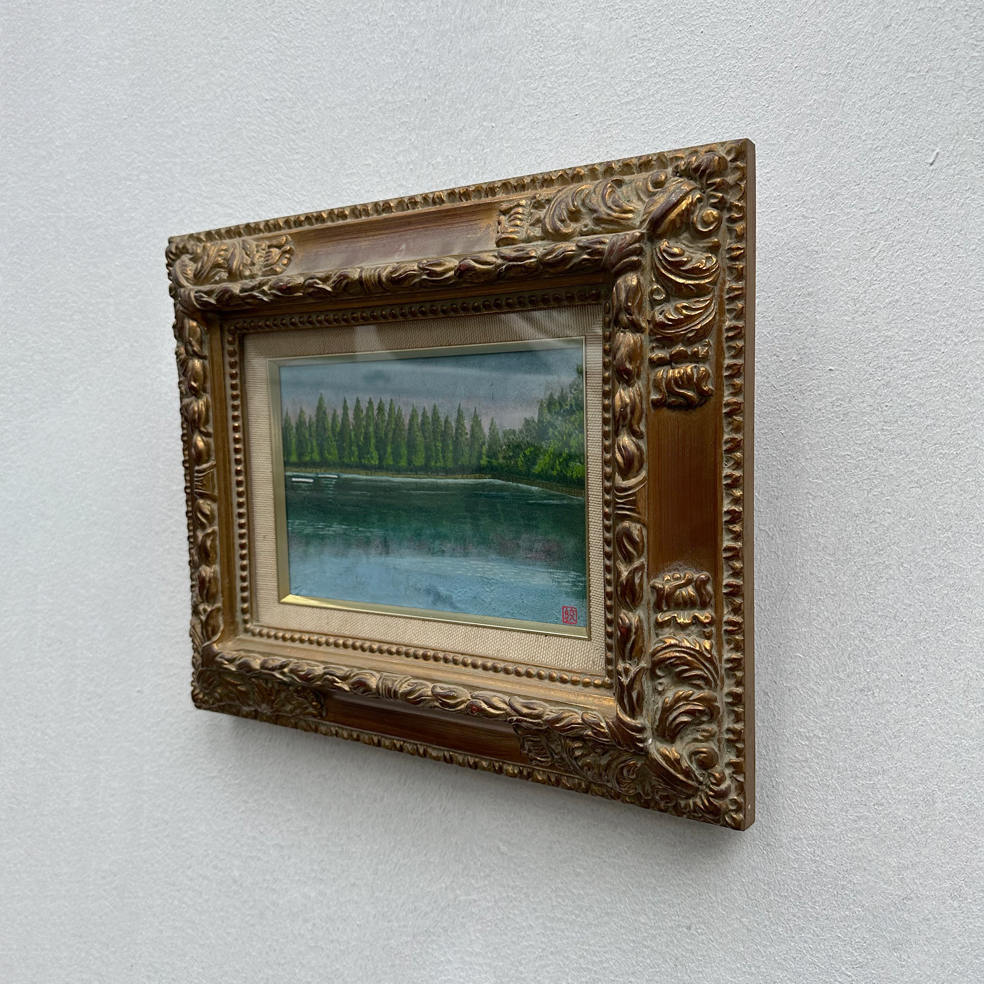 Original Hand-Painted Vintage Lakeside Landscape Oil Painting, Carved Solid Wood Frame, One of a Kind (Comes with Glass Cover)