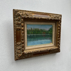 Original Hand-Painted Vintage Lakeside Landscape Oil Painting, Carved Solid Wood Frame, One of a Kind (Comes with Glass Cover)