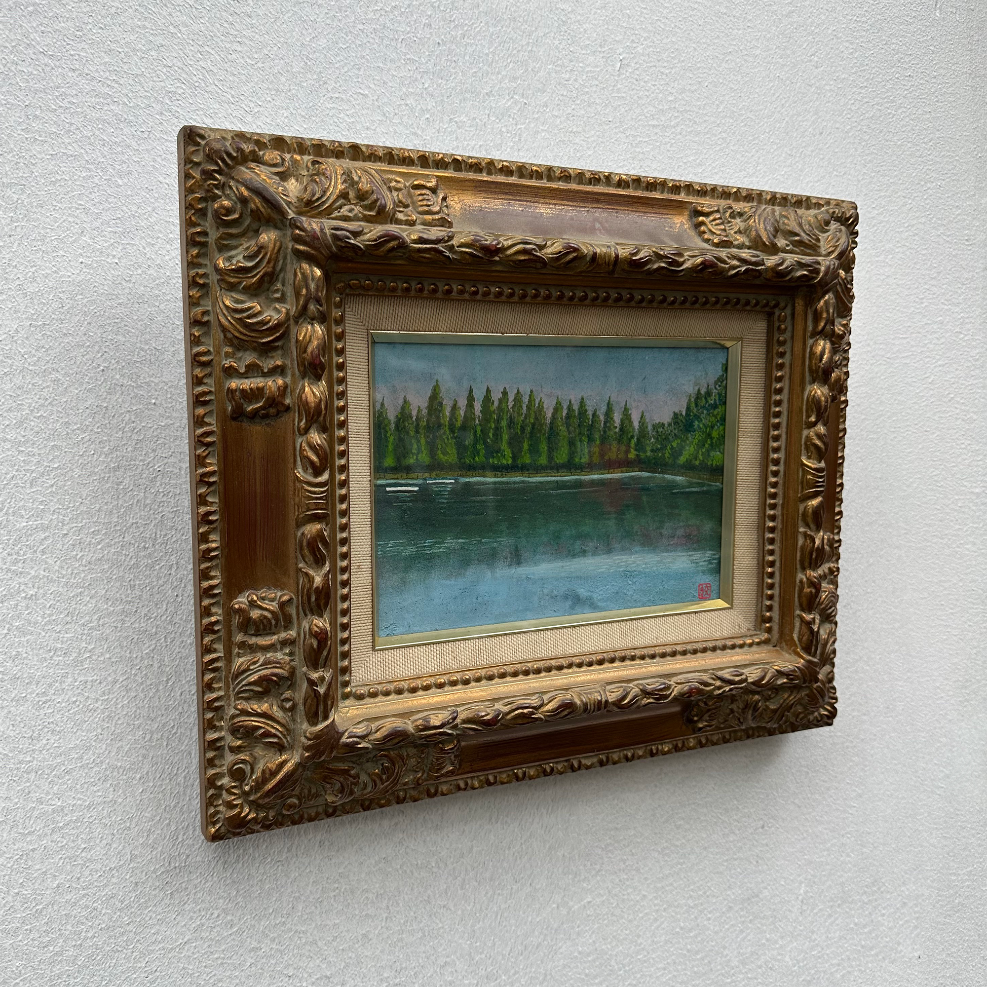Original Hand-Painted Vintage Lakeside Landscape Oil Painting, Carved Solid Wood Frame, One of a Kind (Comes with Glass Cover)