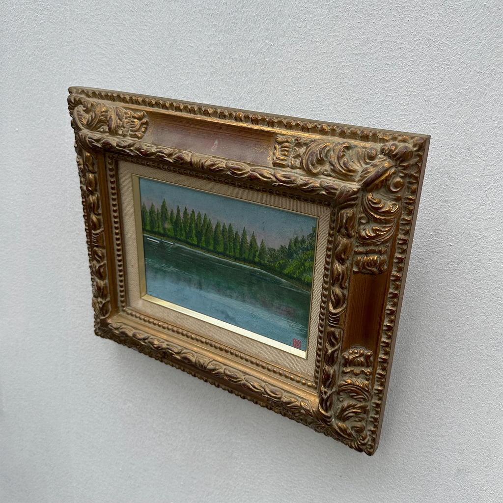 Original Hand-Painted Vintage Lakeside Landscape Oil Painting, Carved Solid Wood Frame, One of a Kind (Comes with Glass Cover)