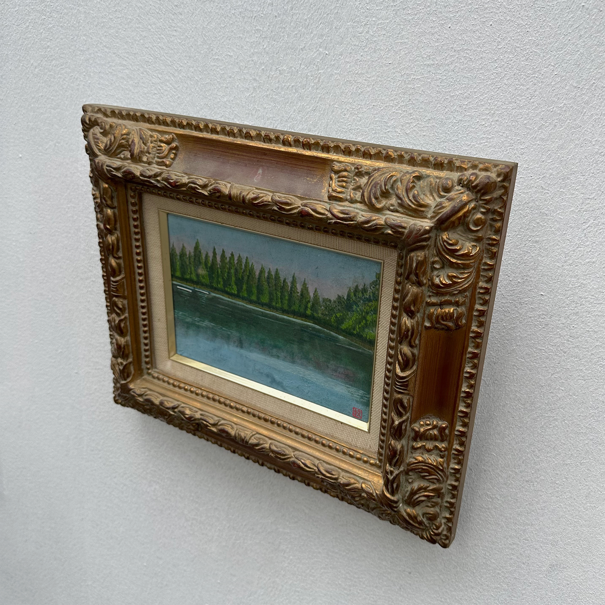Original Hand-Painted Vintage Lakeside Landscape Oil Painting, Carved Solid Wood Frame, One of a Kind (Comes with Glass Cover)