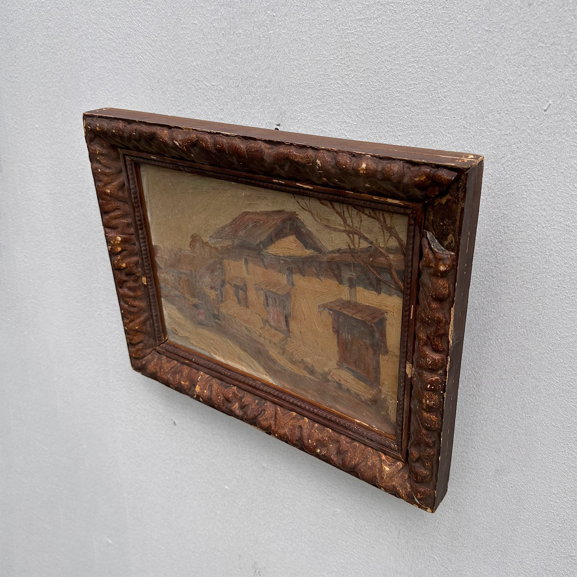 Circa 1890s Original Antique European Village Street Landscape Oil Painting with Vintage Solid Wood Frame