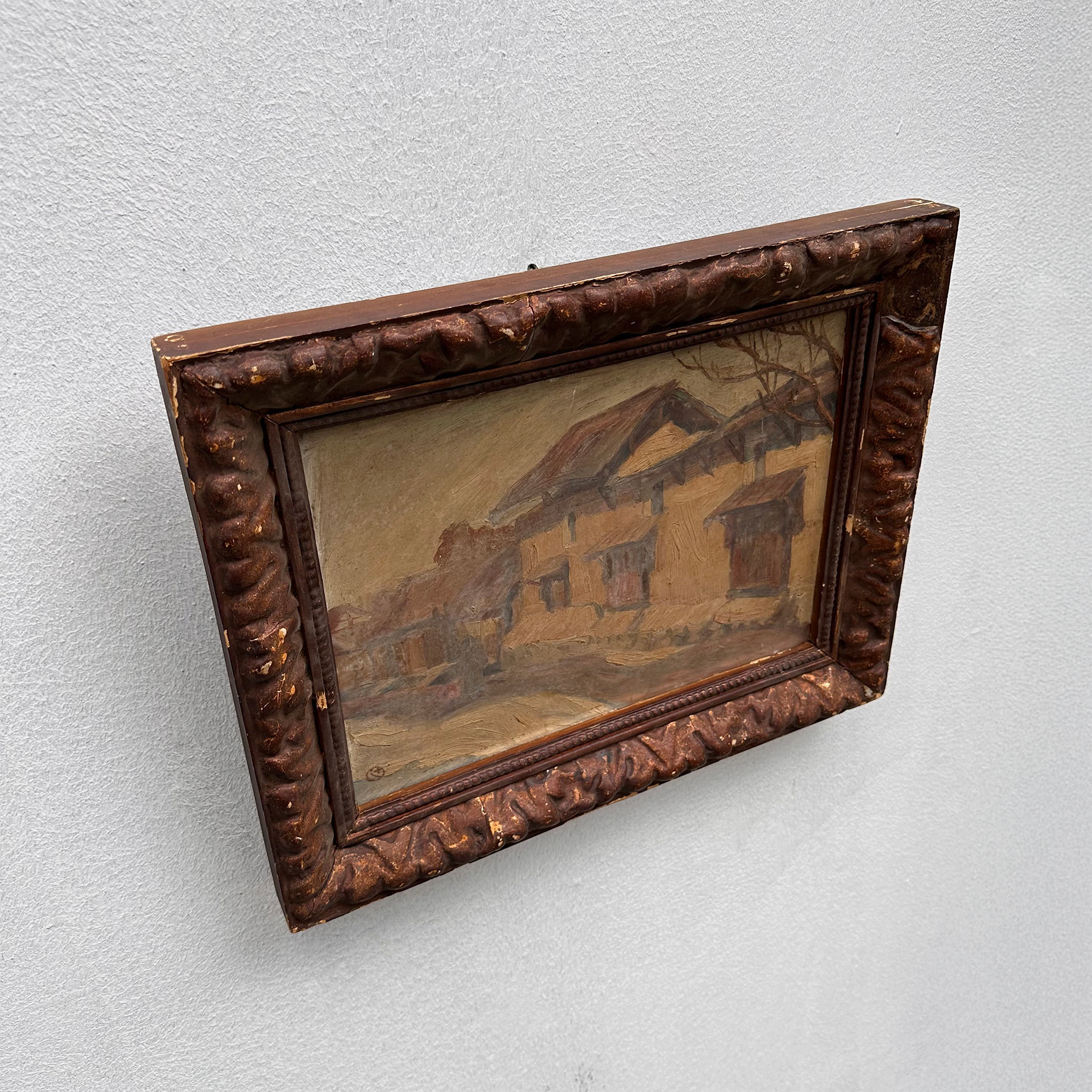 Circa 1890s Original Antique European Village Street Landscape Oil Painting with Vintage Solid Wood Frame