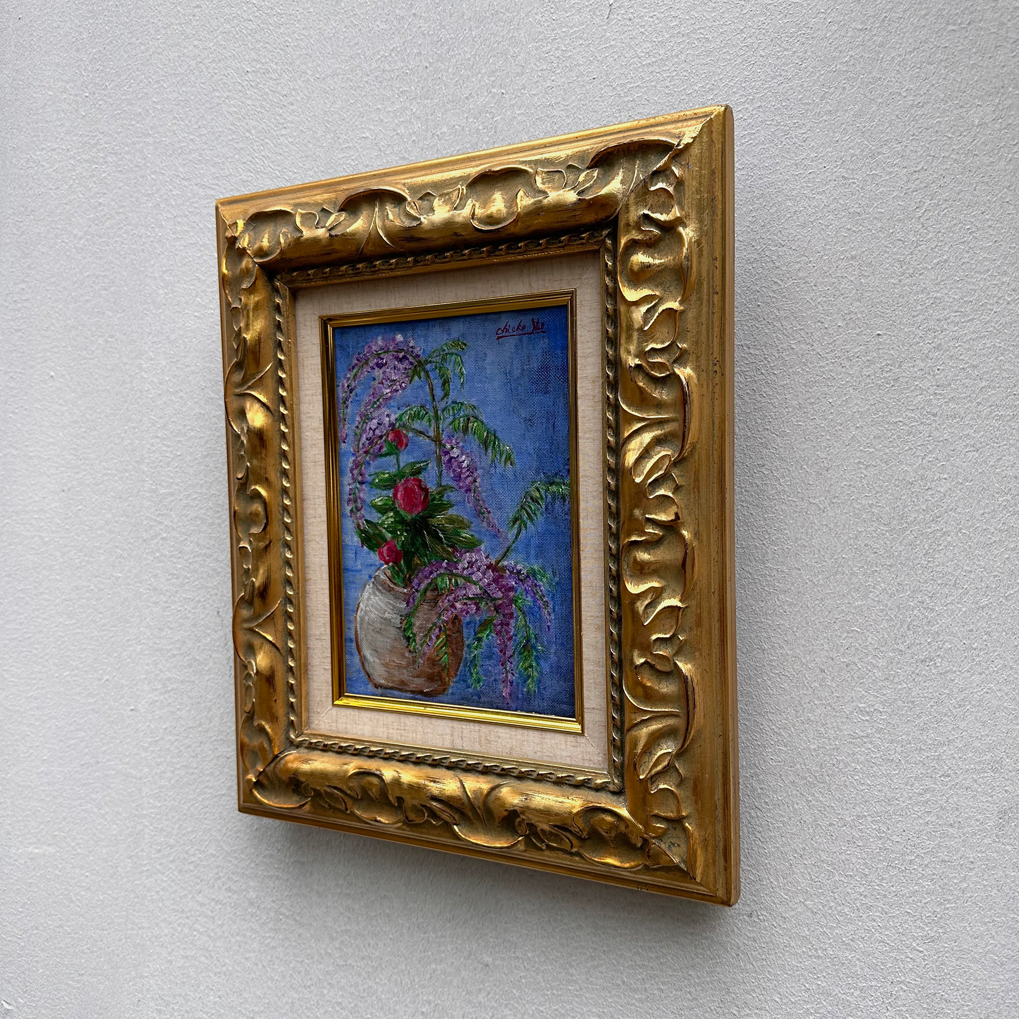 Vintage Floral Still Life Hand-Painted Oil Painting | Gold Carved Solid Wood Frame 32x39cm