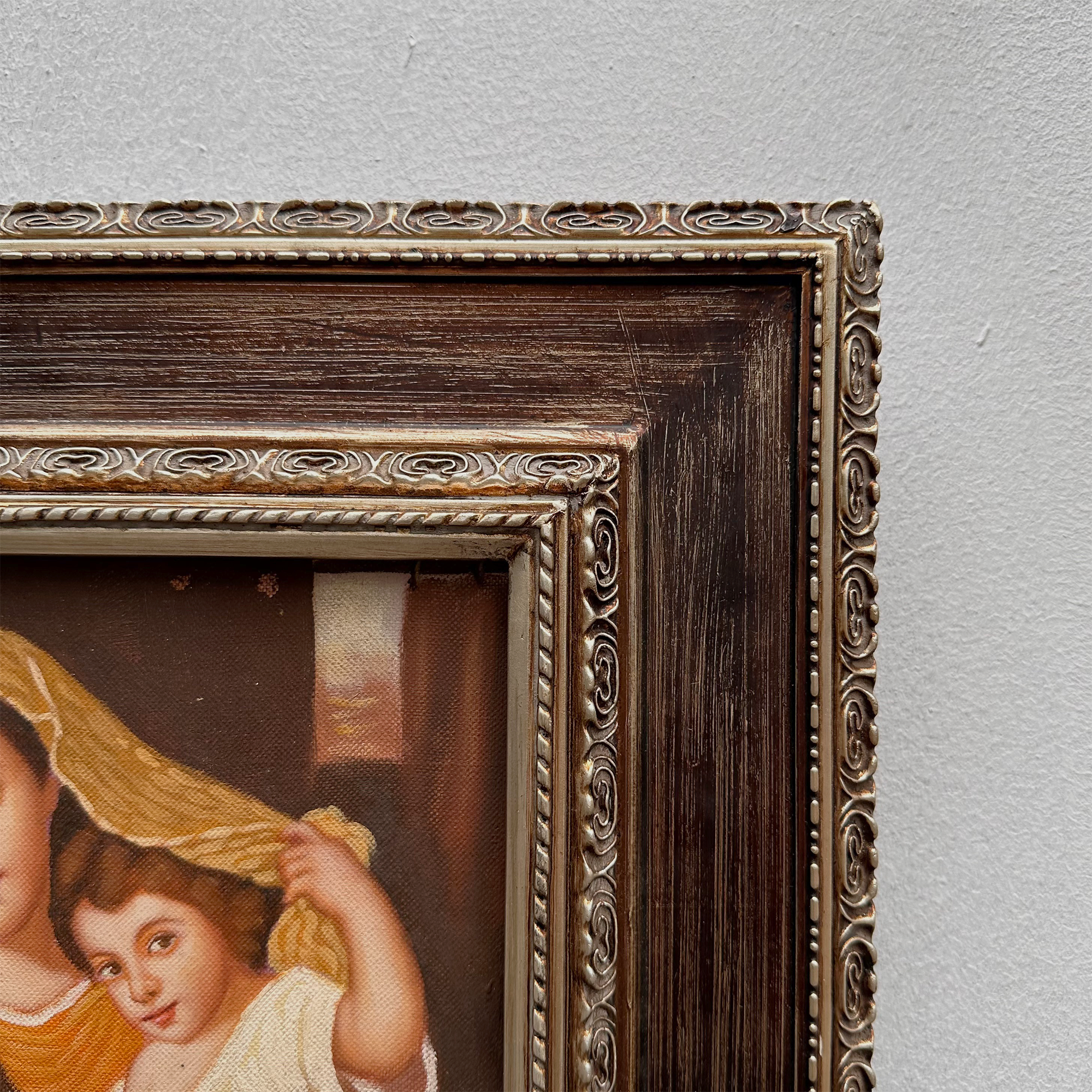 Vintage Madonna and Child Oil Painting, Religious Portrait Art with Ornate Wooden Frame