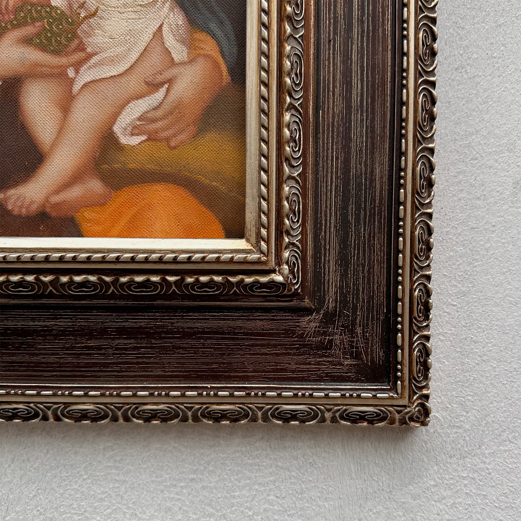 Vintage Madonna and Child Oil Painting, Religious Portrait Art with Ornate Wooden Frame