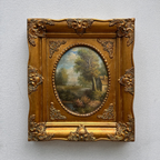 Vintage European Pastoral Landscape Oil Painting｜One-of-a-Kind Hand-Painted Artwork with Ornate Wood Frame 52x62cm