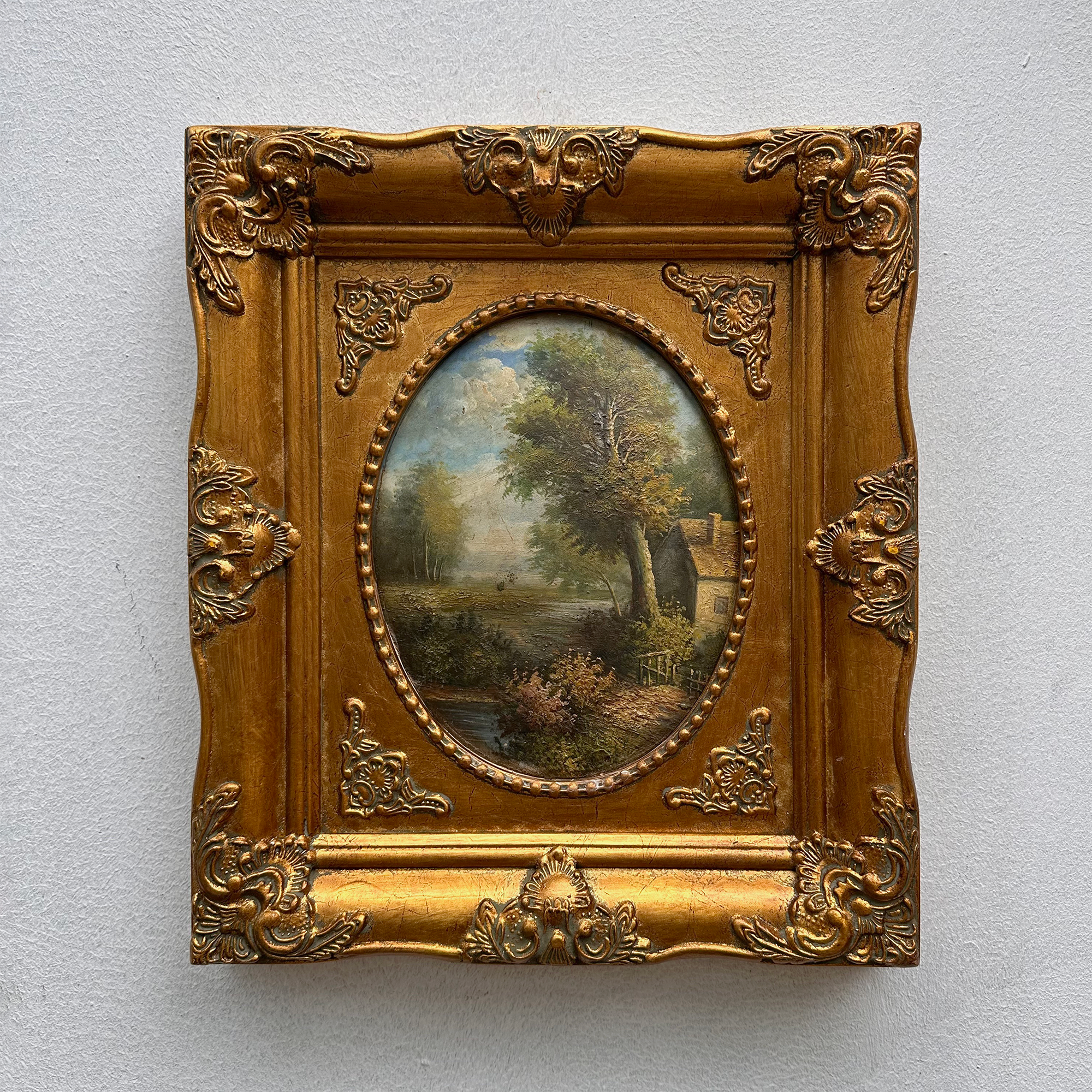 Vintage European Pastoral Landscape Oil Painting｜One-of-a-Kind Hand-Painted Artwork with Ornate Wood Frame 52x62cm