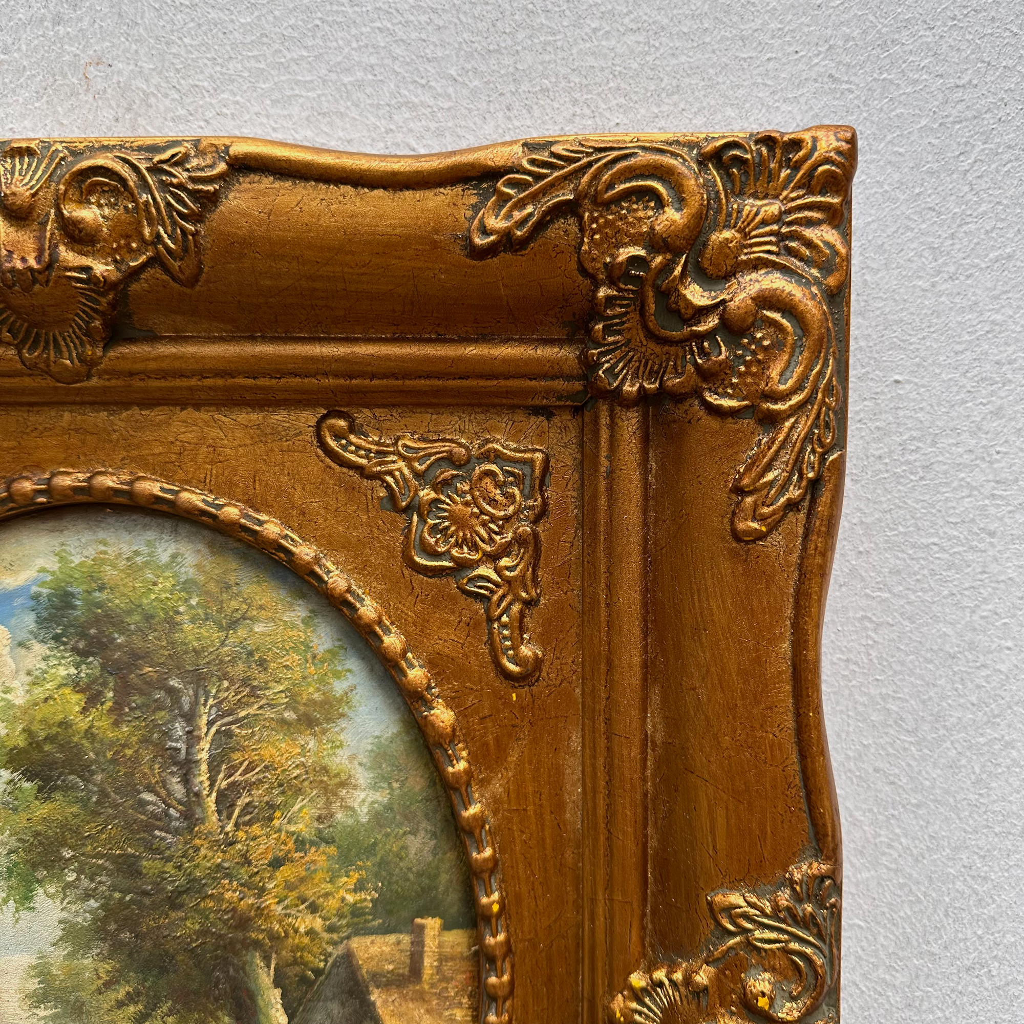 Vintage European Pastoral Landscape Oil Painting｜One-of-a-Kind Hand-Painted Artwork with Ornate Wood Frame 52x62cm