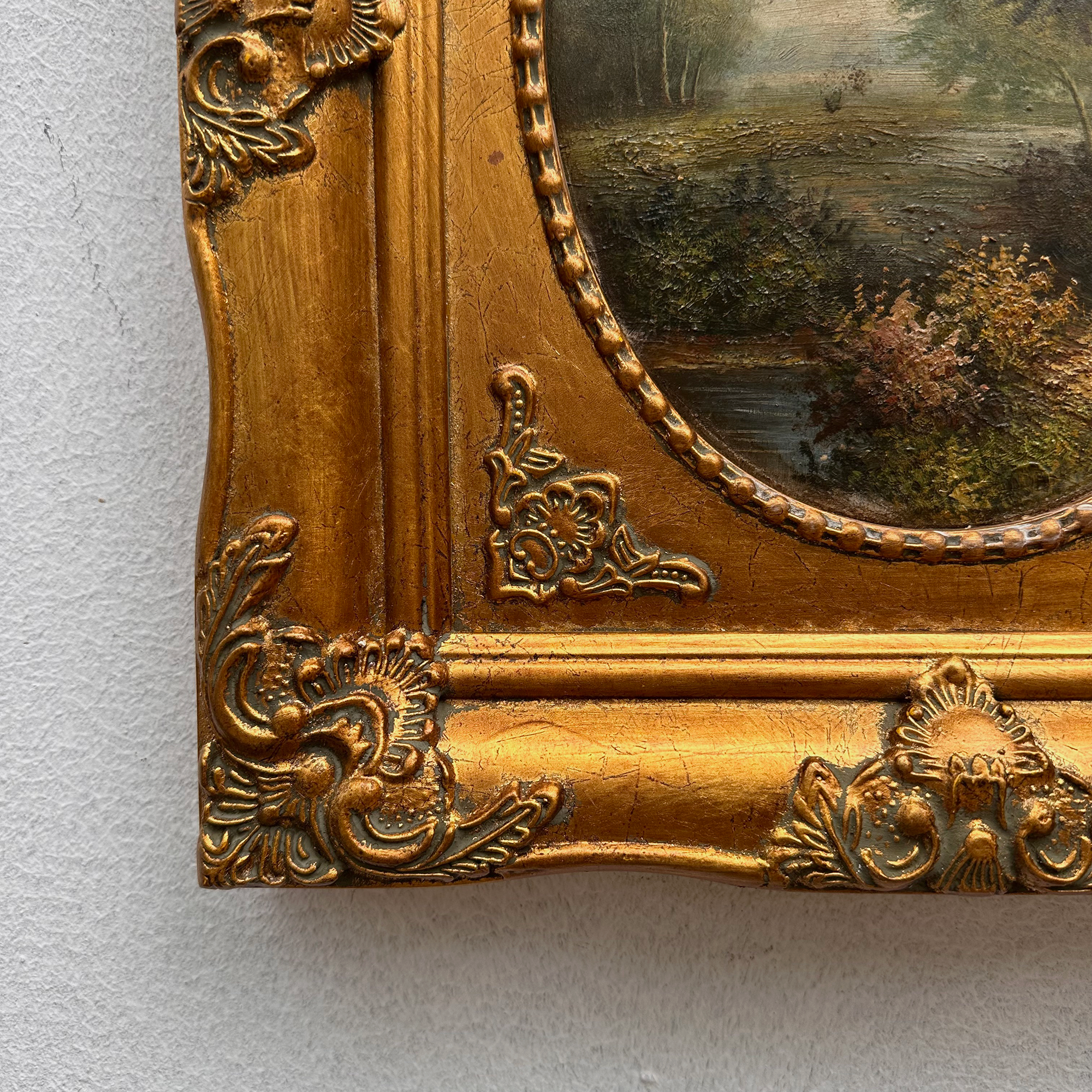 Vintage European Pastoral Landscape Oil Painting｜One-of-a-Kind Hand-Painted Artwork with Ornate Wood Frame 52x62cm