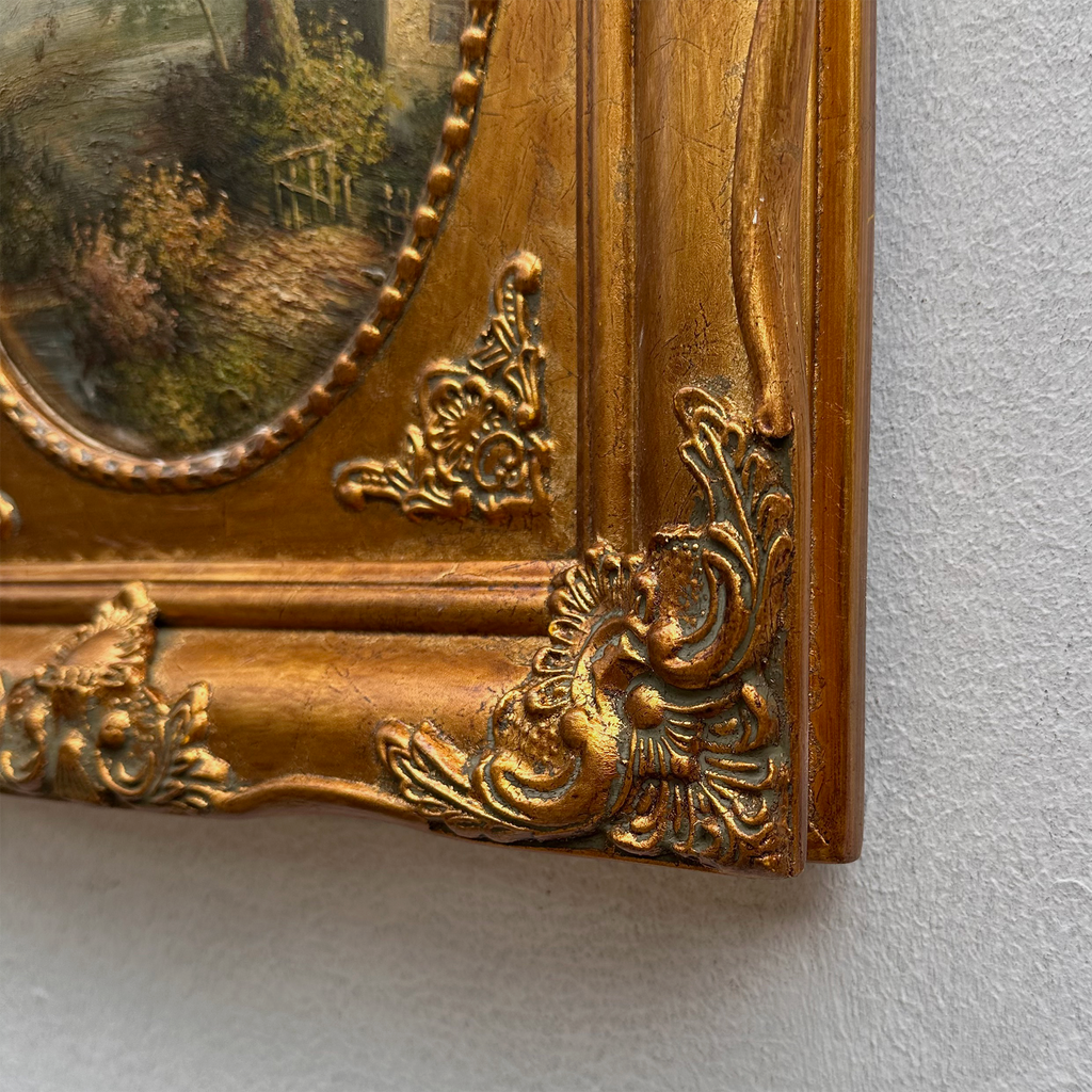 Vintage European Pastoral Landscape Oil Painting｜One-of-a-Kind Hand-Painted Artwork with Ornate Wood Frame 52x62cm