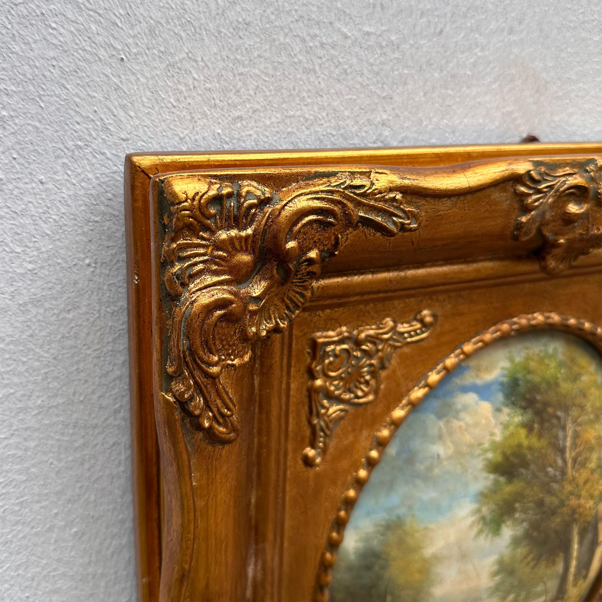 Vintage European Pastoral Landscape Oil Painting｜One-of-a-Kind Hand-Painted Artwork with Ornate Wood Frame 52x62cm