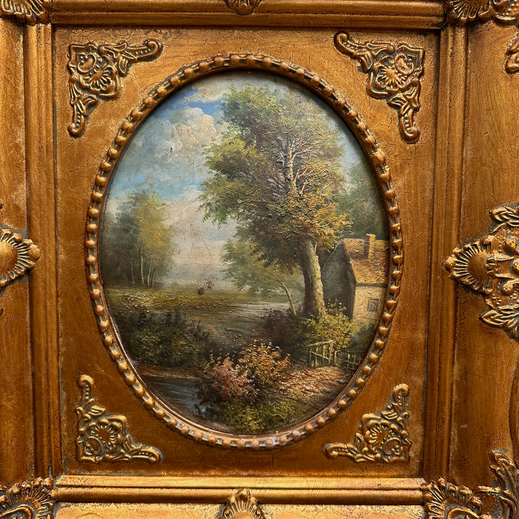 Vintage European Pastoral Landscape Oil Painting｜One-of-a-Kind Hand-Painted Artwork with Ornate Wood Frame 52x62cm