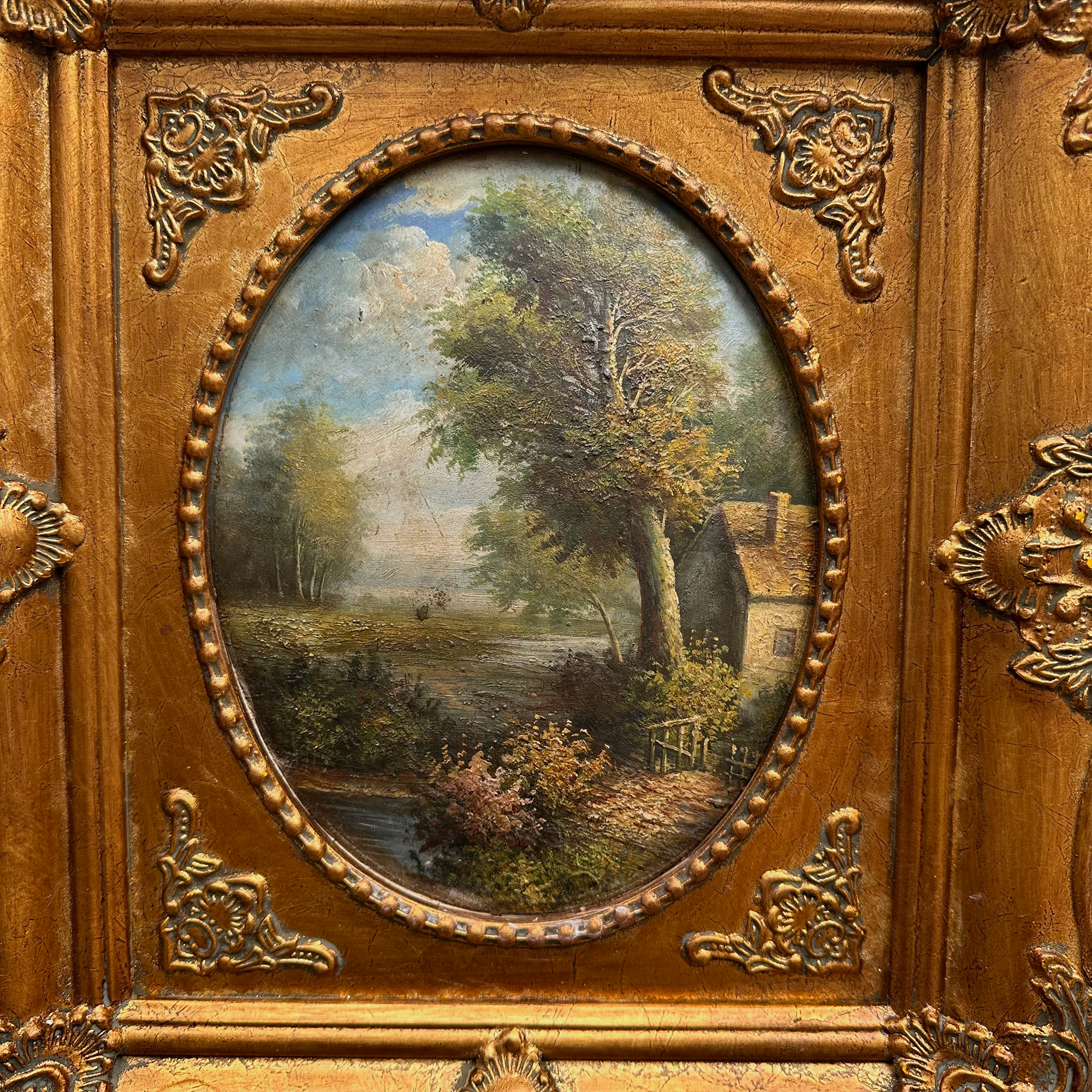 Vintage European Pastoral Landscape Oil Painting｜One-of-a-Kind Hand-Painted Artwork with Ornate Wood Frame 52x62cm
