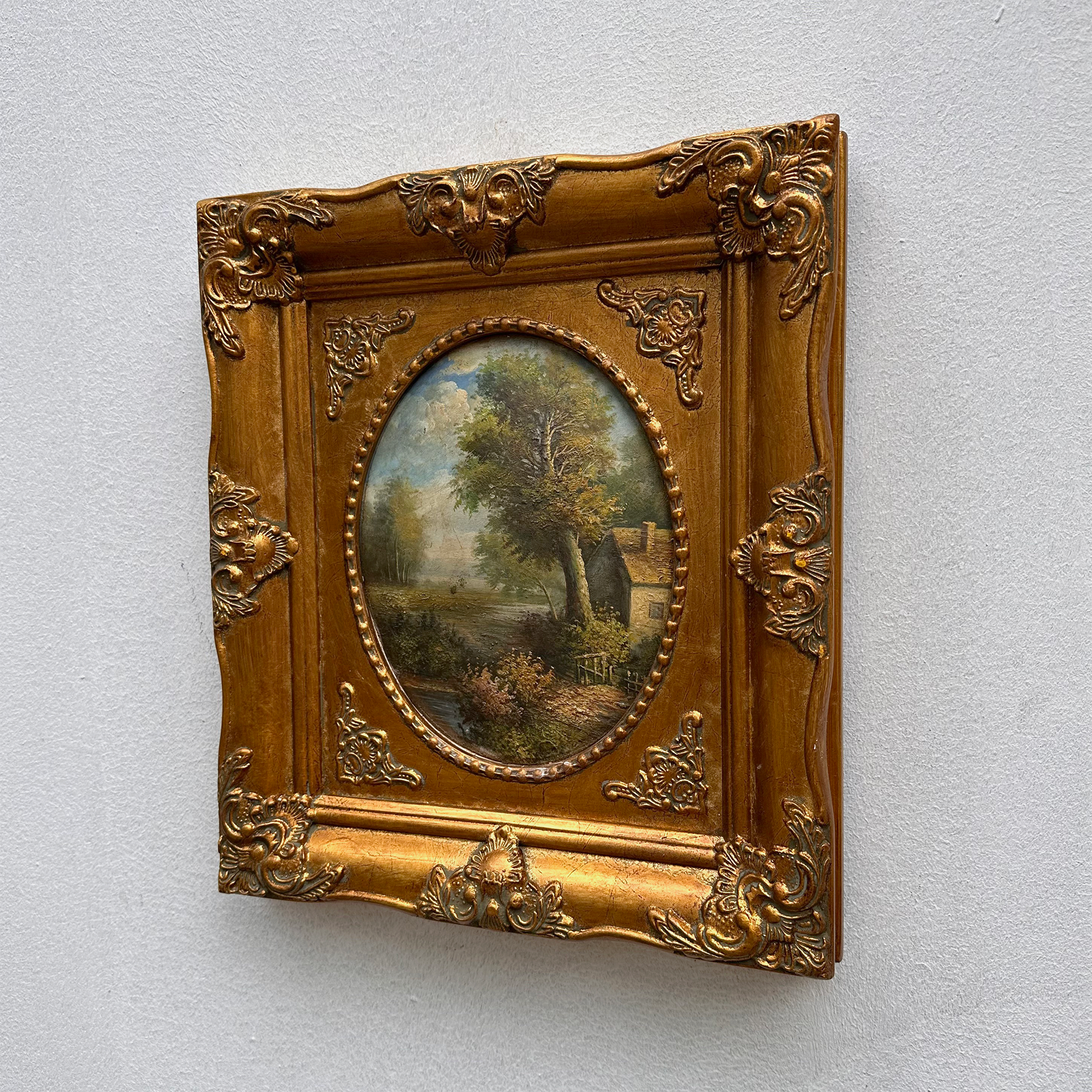 Vintage European Pastoral Landscape Oil Painting｜One-of-a-Kind Hand-Painted Artwork with Ornate Wood Frame 52x62cm