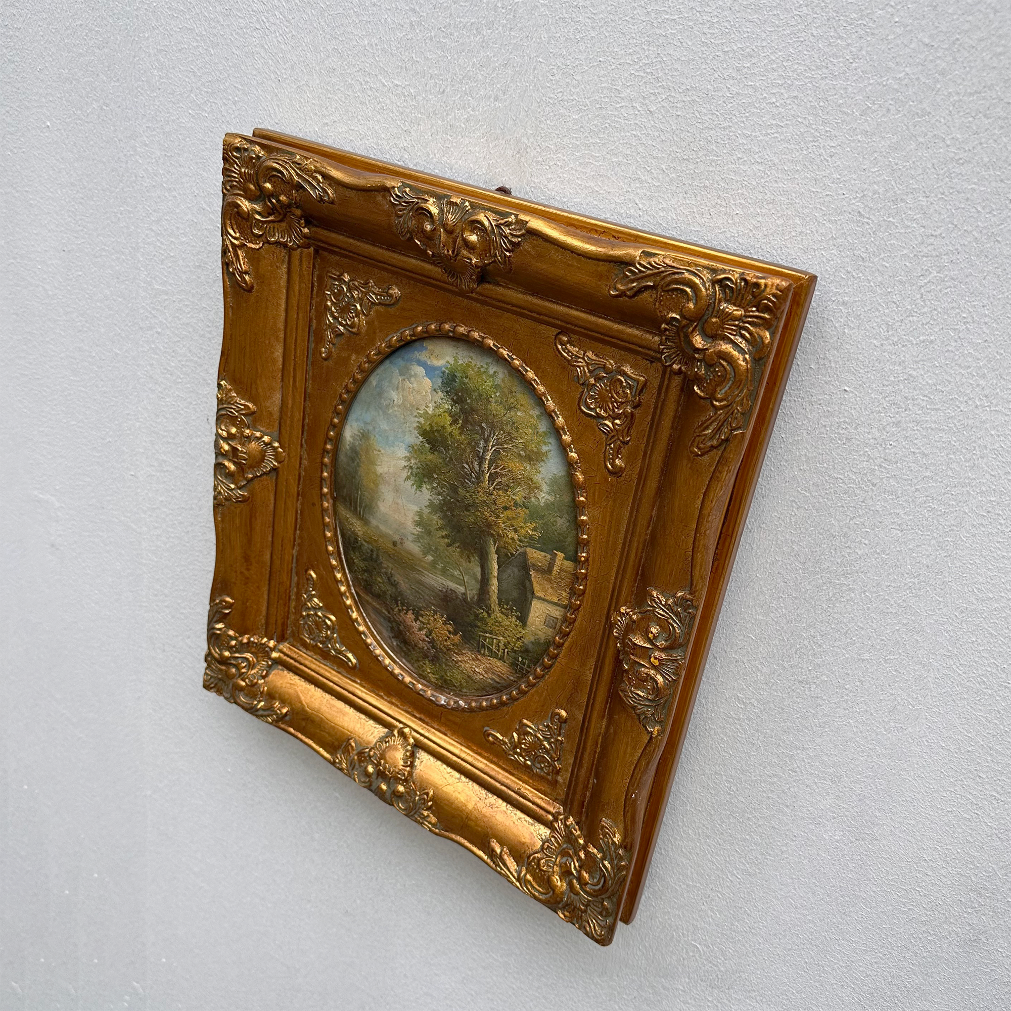 Vintage European Pastoral Landscape Oil Painting｜One-of-a-Kind Hand-Painted Artwork with Ornate Wood Frame 52x62cm