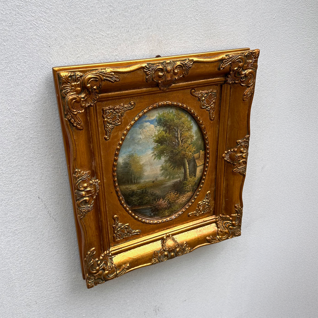 Vintage European Pastoral Landscape Oil Painting｜One-of-a-Kind Hand-Painted Artwork with Ornate Wood Frame 52x62cm