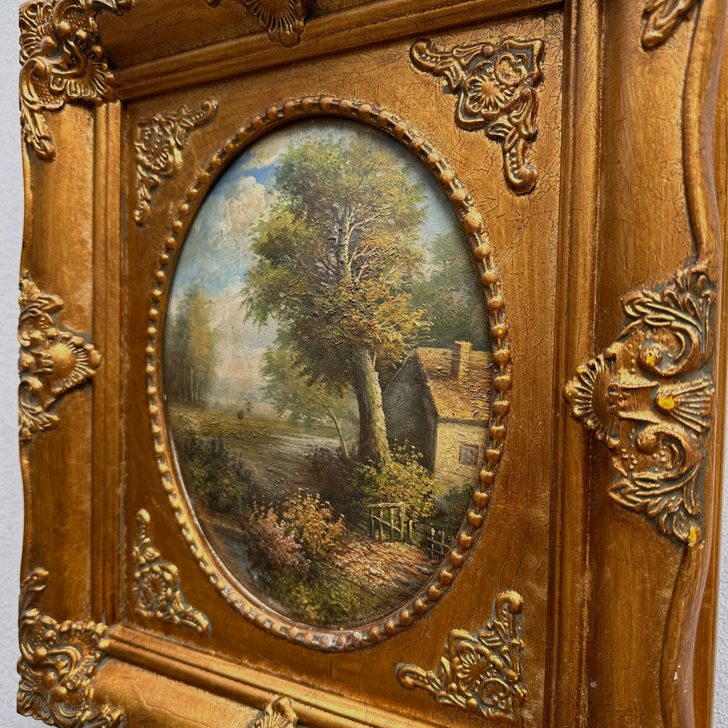 Vintage European Pastoral Landscape Oil Painting｜One-of-a-Kind Hand-Painted Artwork with Ornate Wood Frame 52x62cm