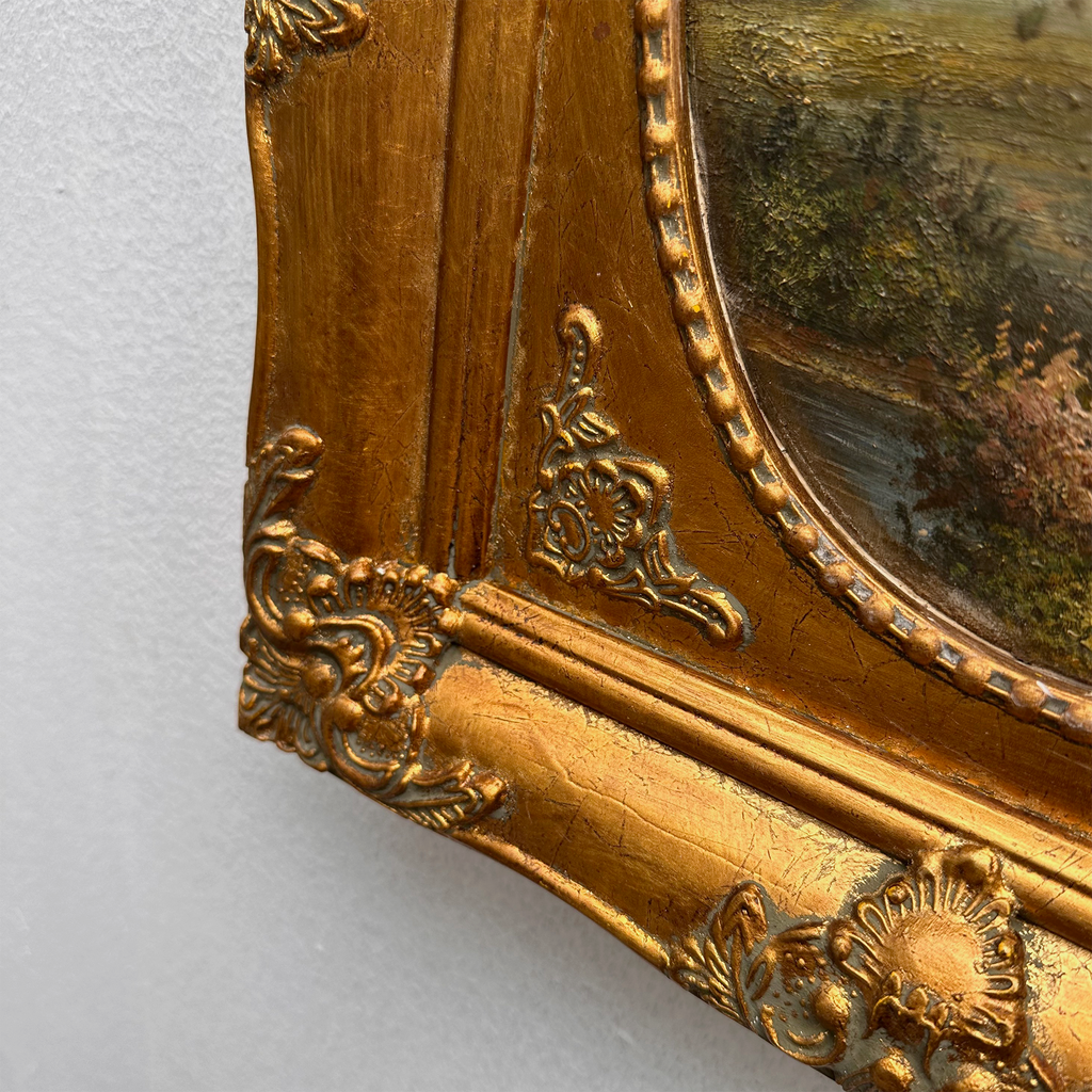 Vintage European Pastoral Landscape Oil Painting｜One-of-a-Kind Hand-Painted Artwork with Ornate Wood Frame 52x62cm