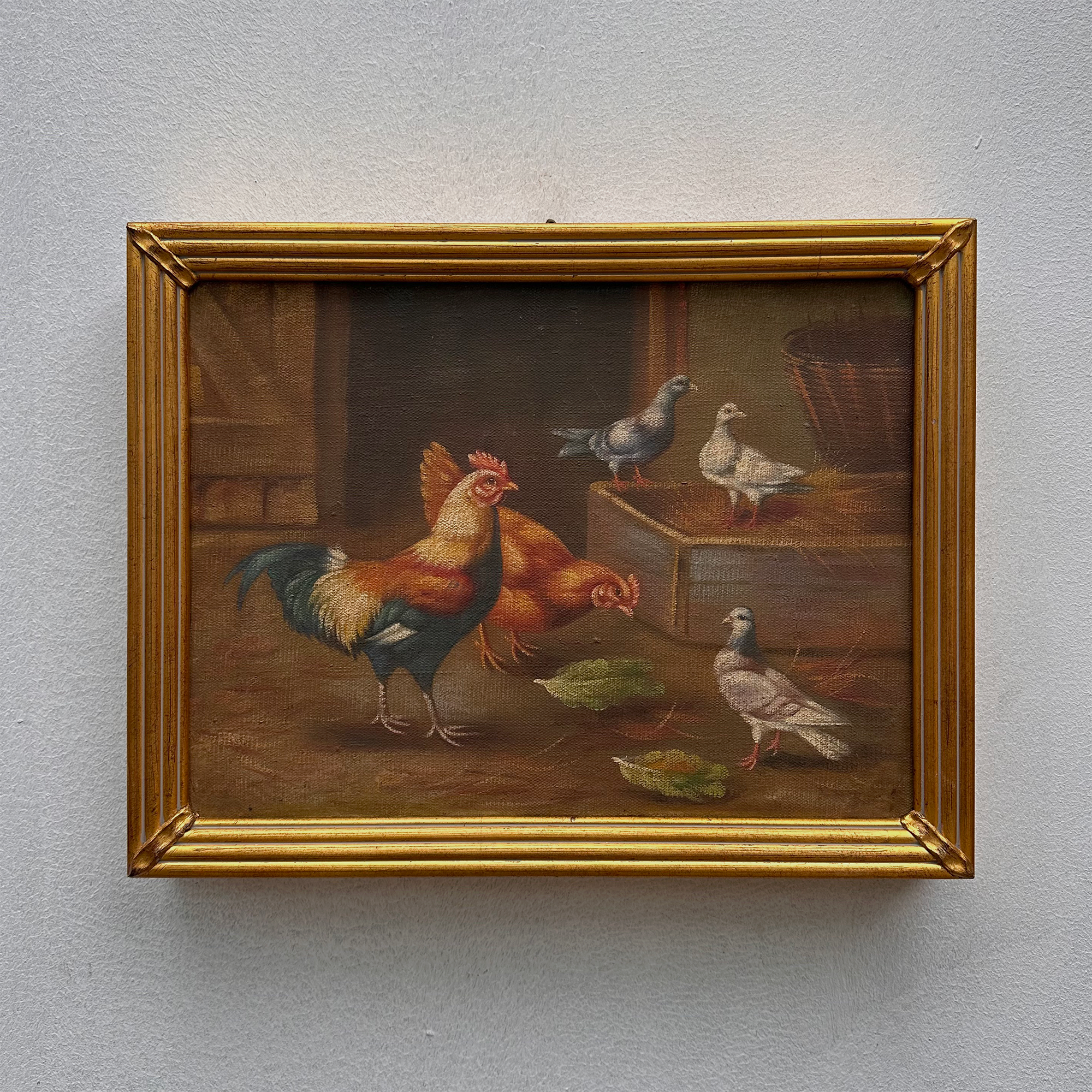 Vintage Poultry Oil Painting, Hand Painted Rooster and Dove Wall Art  46 × 36 cm