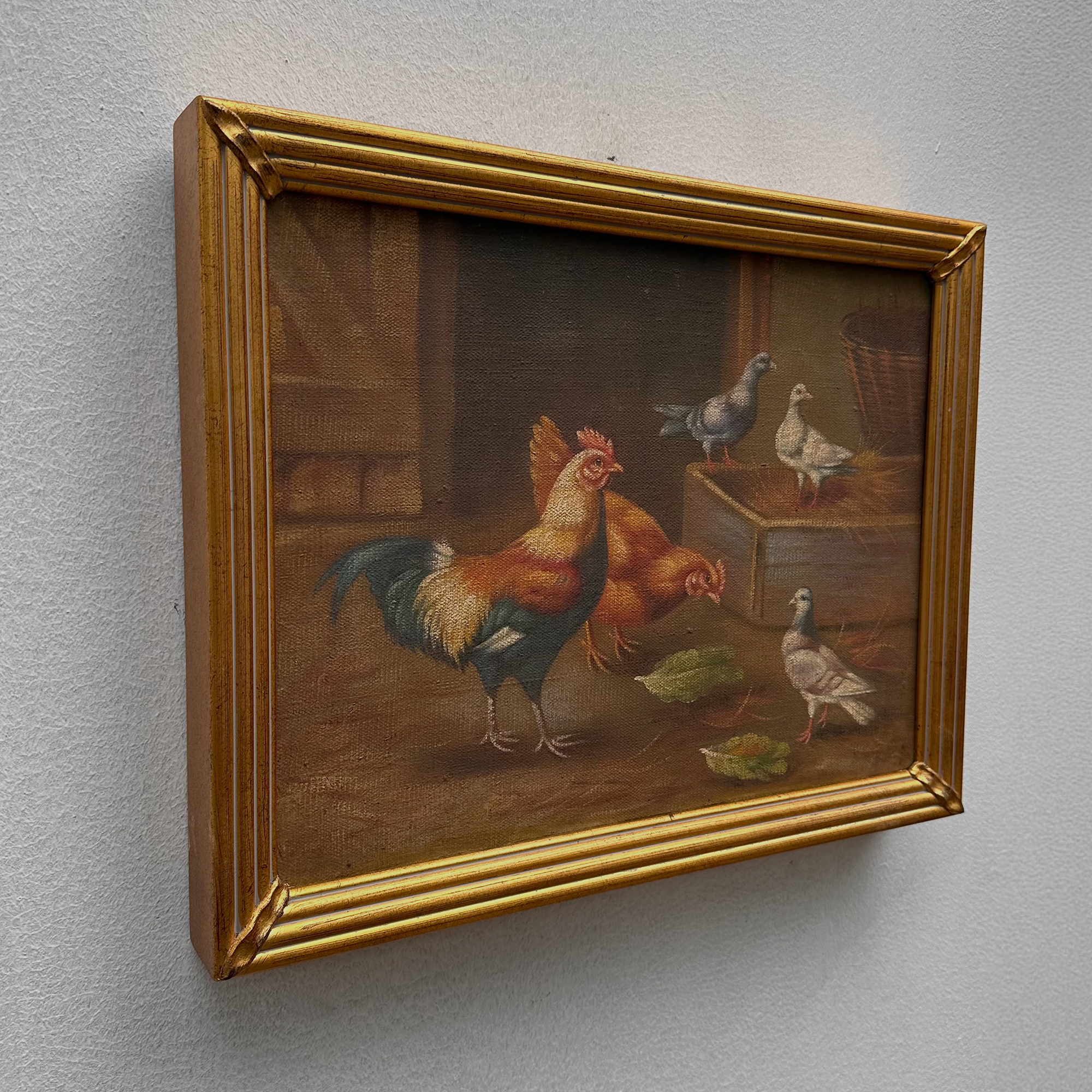Vintage Poultry Oil Painting, Hand Painted Rooster and Dove Wall Art  46 × 36 cm