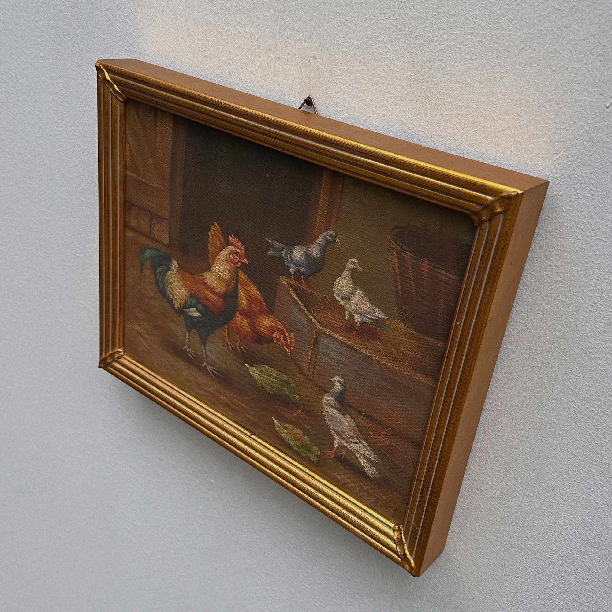 Vintage Poultry Oil Painting, Hand Painted Rooster and Dove Wall Art  46 × 36 cm