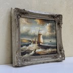 Vintage Seascape Oil Painting with Sailing Ships – Antique Ornate Frame Nautical Wall Art