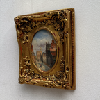 Original Framed Vintage European Street Scene Oil Painting, Miniature Townscape in Ornate Gold Frame