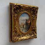 Original Framed Vintage European Street Scene Oil Painting, Miniature Townscape in Ornate Gold Frame