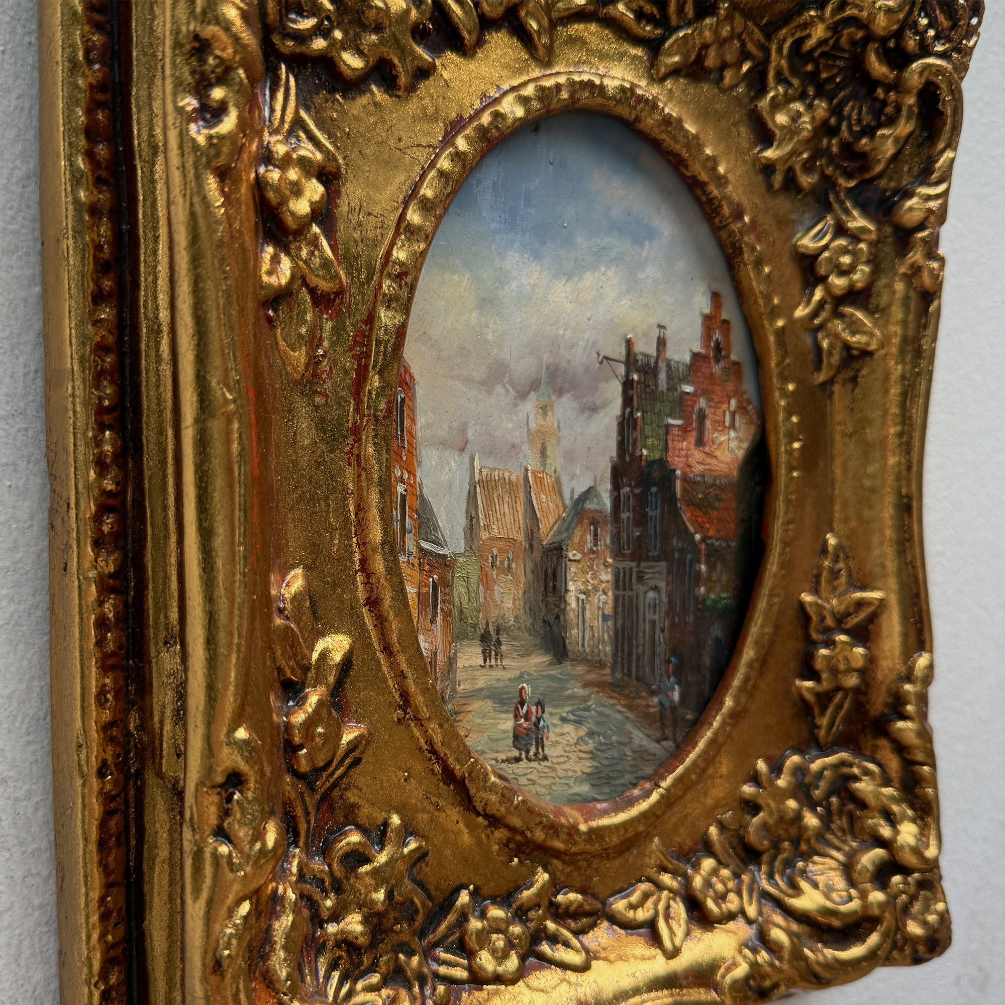 Original Framed Vintage European Street Scene Oil Painting, Miniature Townscape in Ornate Gold Frame