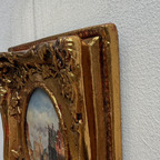 Original Framed Vintage European Street Scene Oil Painting, Miniature Townscape in Ornate Gold Frame
