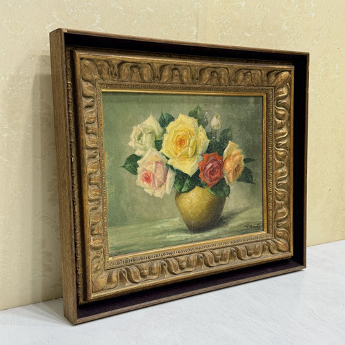 Roses in a Golden Vase | Signed T. Saito | Vintage Floral Oil Painting | 23×19.5in