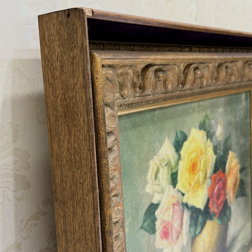 Roses in a Golden Vase | Signed T. Saito | Vintage Floral Oil Painting | 23×19.5in