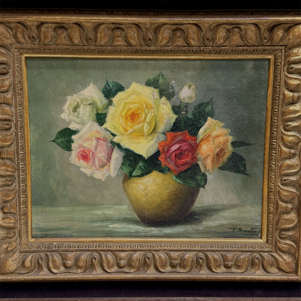 Roses in a Golden Vase | Signed T. Saito | Vintage Floral Oil Painting | 23×19.5in