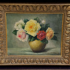 Roses in a Golden Vase | Signed T. Saito | Vintage Floral Oil Painting | 23×19.5in