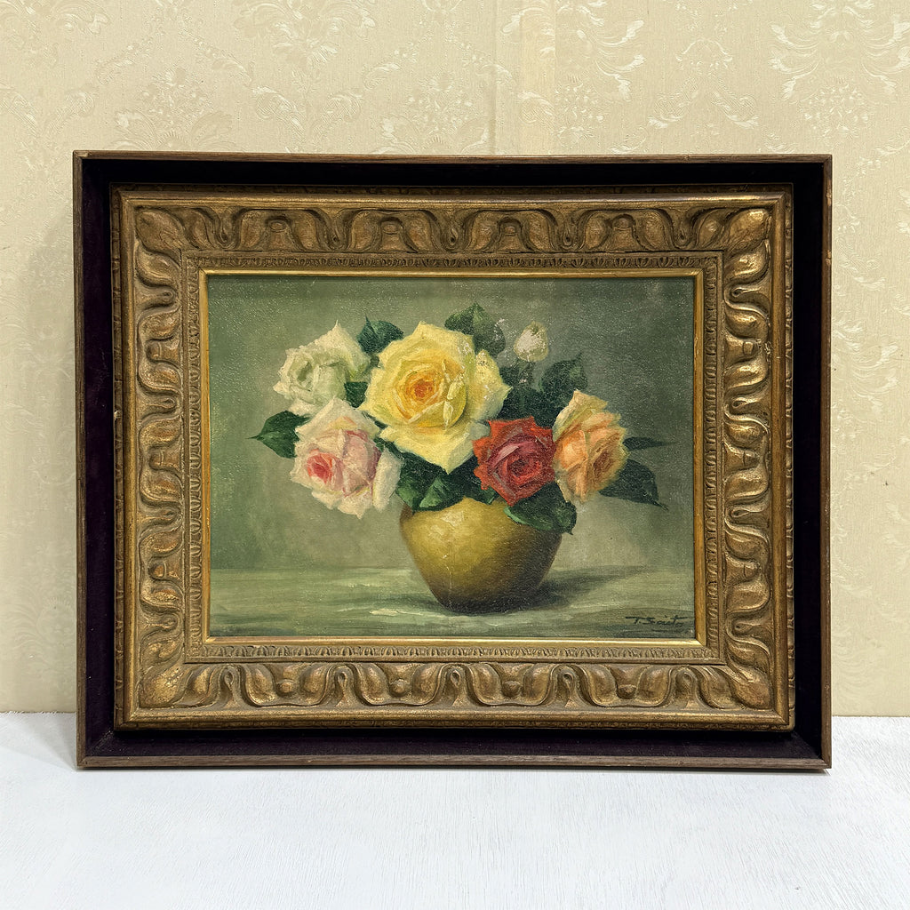 Roses in a Golden Vase | Signed T. Saito | Vintage Floral Oil Painting | 23×19.5in