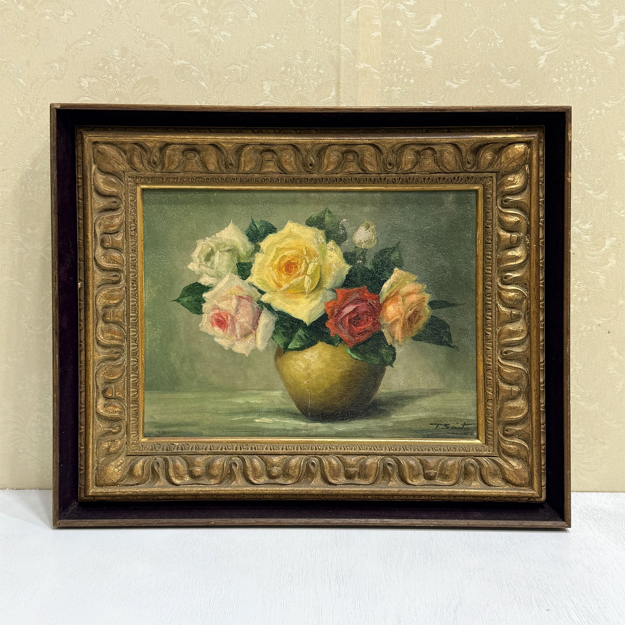 Roses in a Golden Vase | Signed T. Saito | Vintage Floral Oil Painting | 23×19.5in